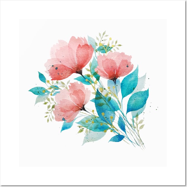 Watercolor Pink and Turquoise Botanical Arrangement 1 Wall Art by Jessfm